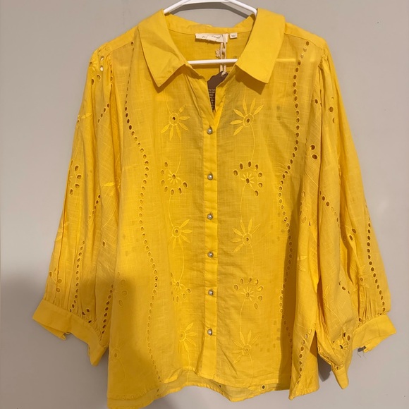 NWT Antropologie  For Ever that Girl yellow embroidered button down shirt XL - Picture 2 of 6